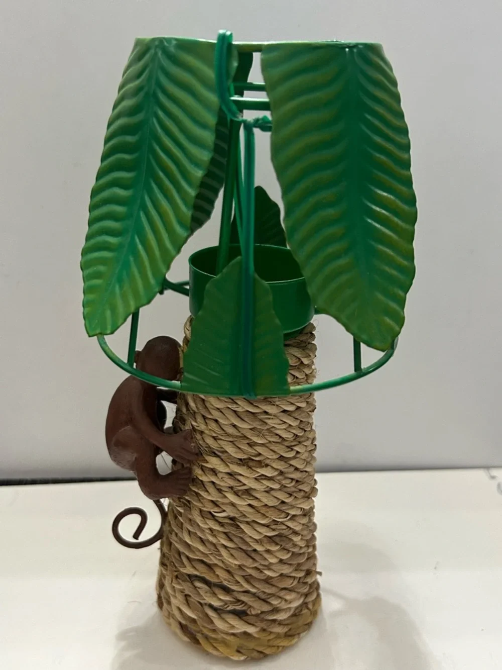 Vintage Palm Tree Wicker Tealight Monkey and Removable Metal Tealight Leaf Shade